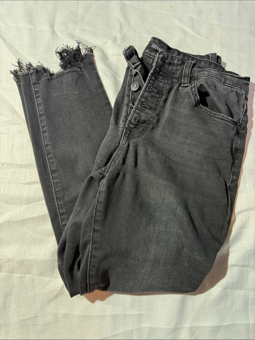 Zenana Outfitters Charcoal Black Skinny Jeans with Frayed Ankles and Button Fly
